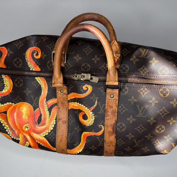 Custom Hand Painted Octopus Louis Vuitton VINTAGE Keepall 45 Signature LV Bag - Picture 4 of 16